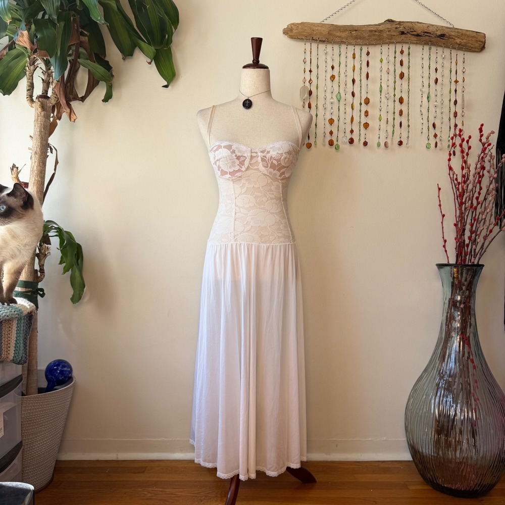 Vintage 90s Drop Waist Cream Lace Midi Slip Dress Fairy Grunge Cottagecore Boho